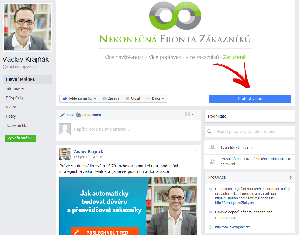 Zvýraznění výzvy k akci na Facebook stránce Václav Krajňák
